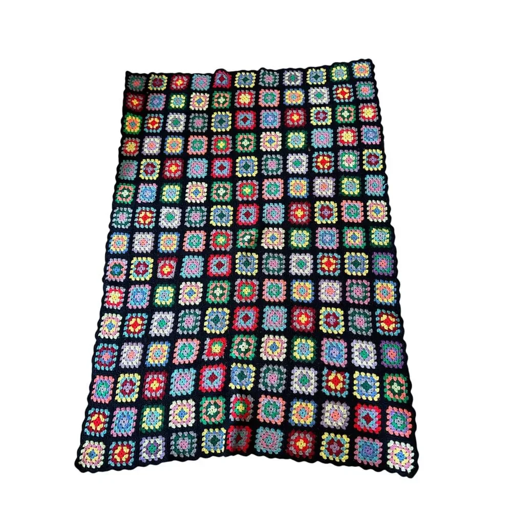 Vtg Afghan Crochet Granny Square Blanket Handmade Throw Black Multicolor 55x39.5